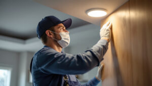 A photograph of a lighting contractor expertly installing recessed led downlights in a modern home setting