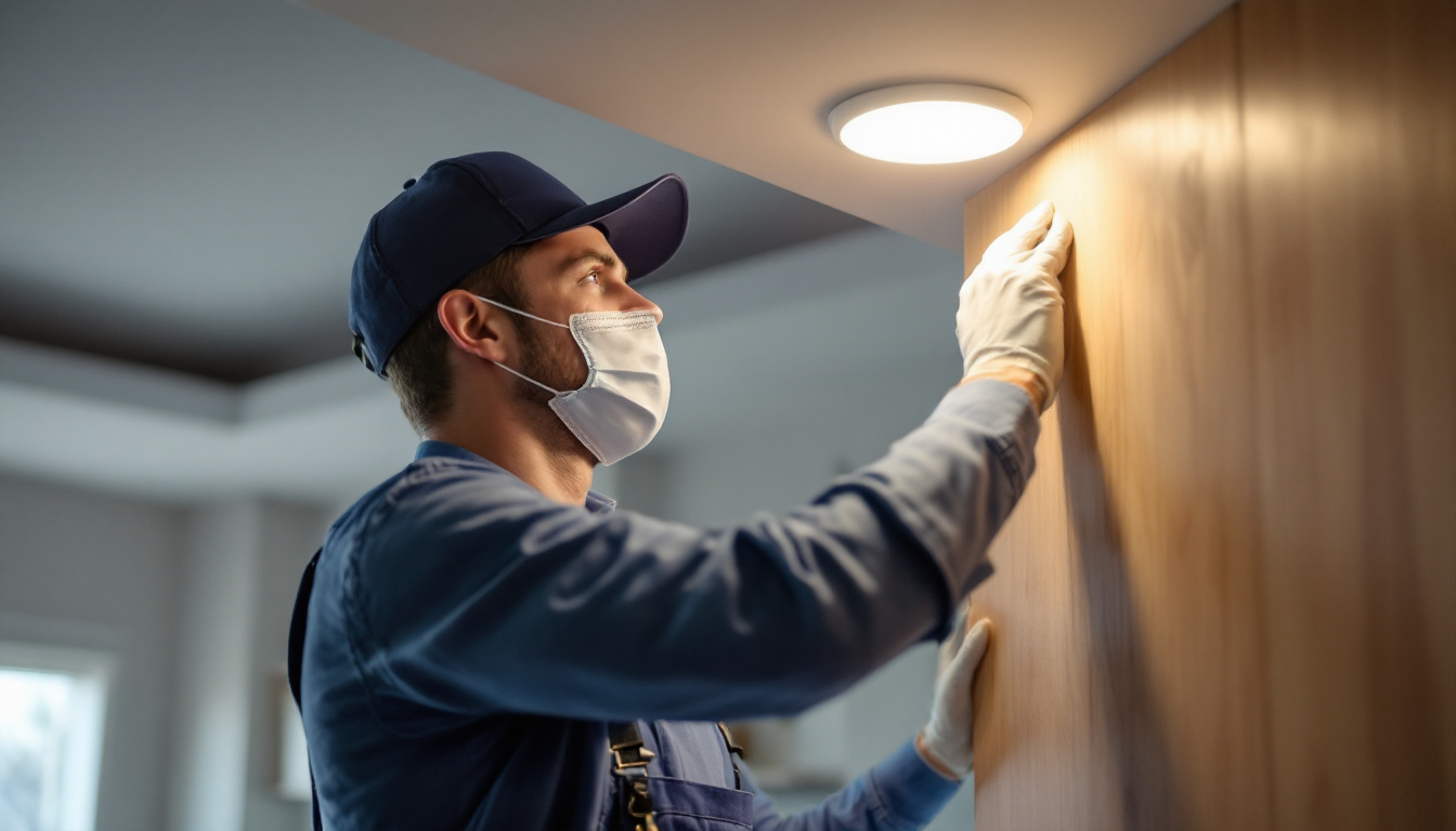 A photograph of a lighting contractor expertly installing recessed led downlights in a modern home setting