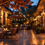 A photograph of a beautifully lit outdoor patio at dusk