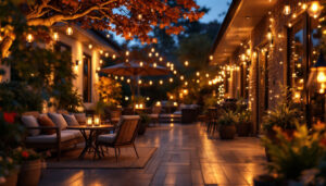 A photograph of a beautifully lit outdoor patio at dusk