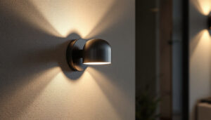 A photograph of a stylishly designed led sconce light installed in a modern interior setting