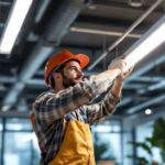 A photograph of a lighting contractor skillfully installing led linear lights in a modern workspace