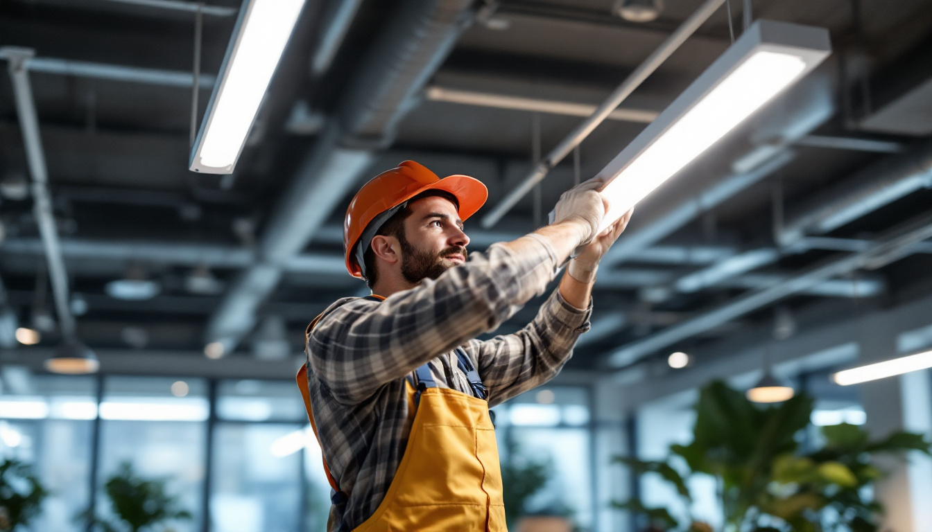A photograph of a lighting contractor skillfully installing led linear lights in a modern workspace
