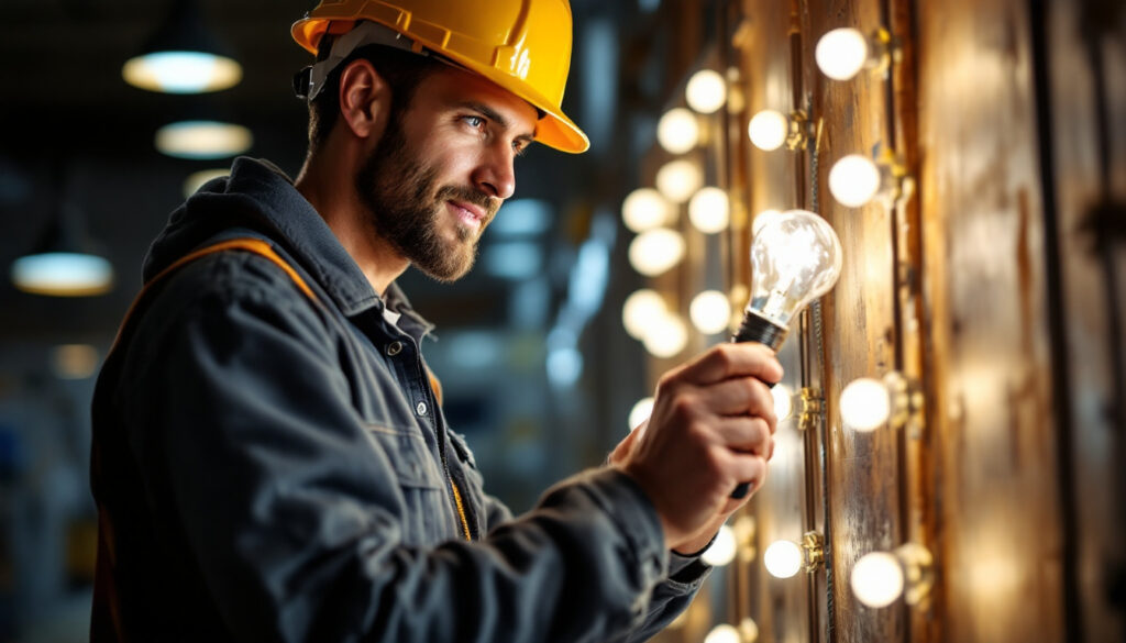 A photograph of capture a photograph of a lighting contractor working on a project