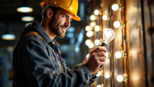 A photograph of capture a photograph of a lighting contractor working on a project