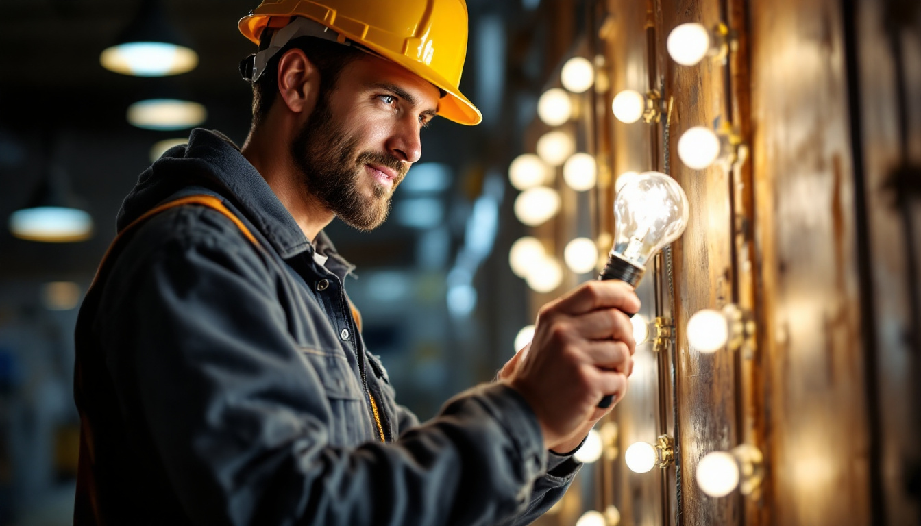 A photograph of capture a photograph of a lighting contractor working on a project