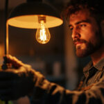 A photograph of a lighting contractor skillfully installing a 60-watt b-type bulb in a stylish fixture