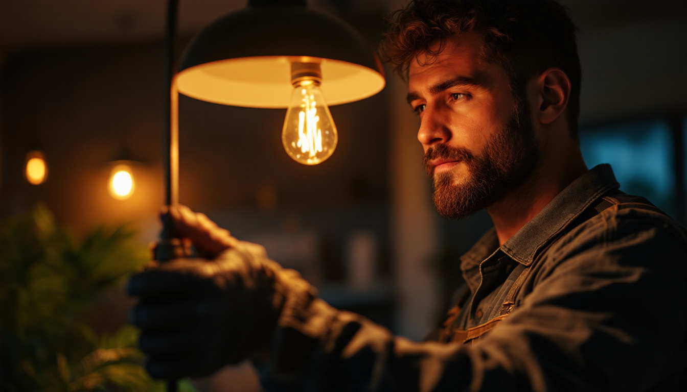 A photograph of a lighting contractor skillfully installing a 60-watt b-type bulb in a stylish fixture