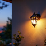 A photograph of a beautifully installed wall mount solar lantern illuminating a cozy outdoor space at dusk