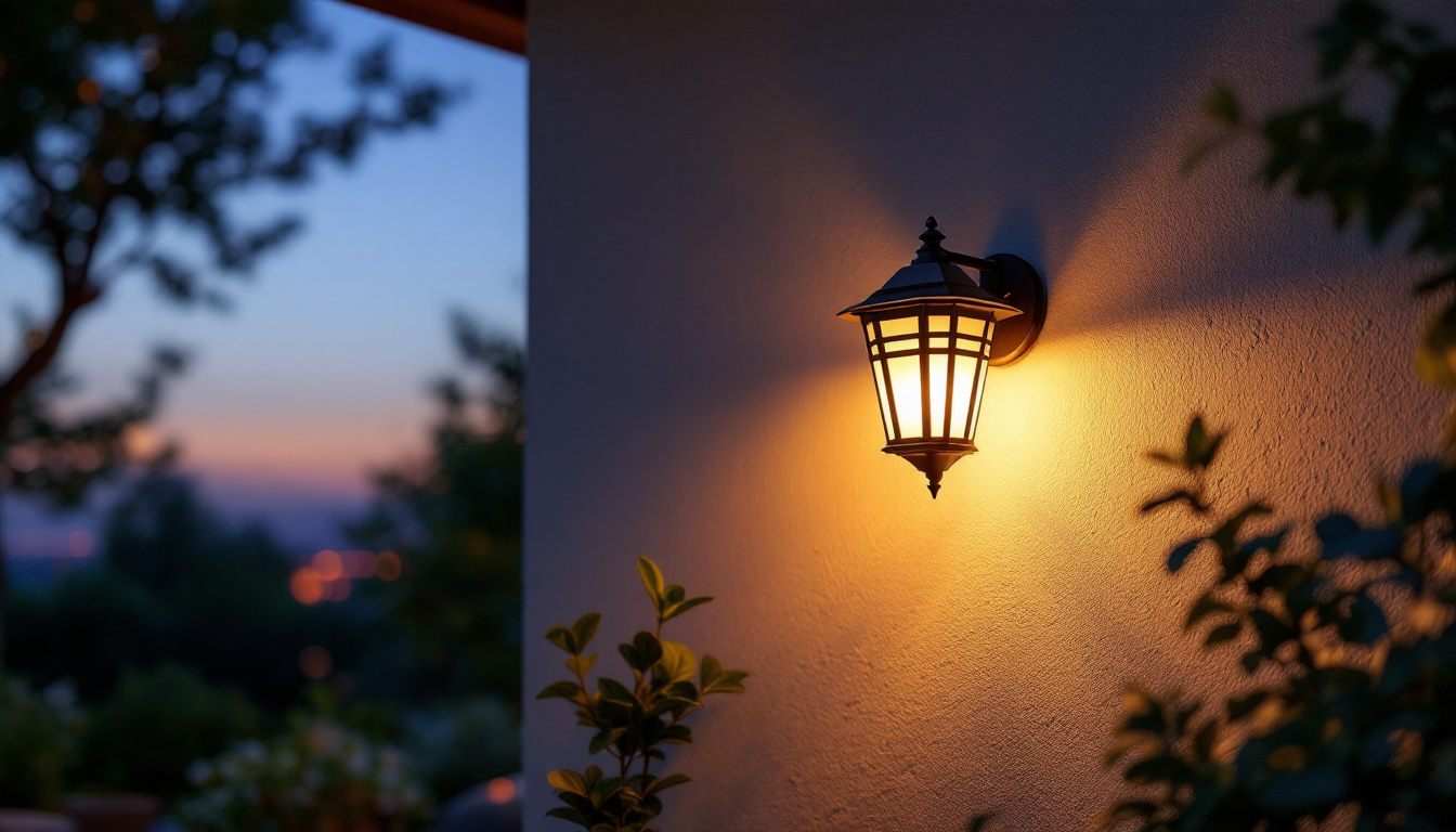 A photograph of a beautifully installed wall mount solar lantern illuminating a cozy outdoor space at dusk
