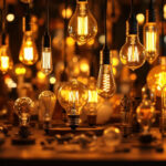A photograph of a beautifully arranged display of various light bulbs