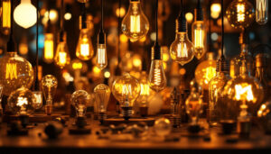 A photograph of a beautifully arranged display of various light bulbs