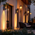 A photograph of a beautifully designed outdoor space illuminated by stylish external lamps