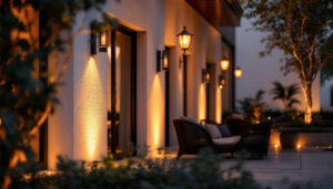 A photograph of a beautifully designed outdoor space illuminated by stylish external lamps