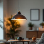 A photograph of a stylish pendant light fixture hanging in a modern interior setting
