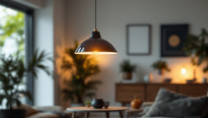 A photograph of a stylish pendant light fixture hanging in a modern interior setting