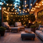 A photograph of a beautifully illuminated outdoor patio featuring stylish light strands draped elegantly across the space