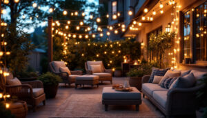 A photograph of a beautifully illuminated outdoor patio featuring stylish light strands draped elegantly across the space