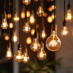 A photograph of a beautifully arranged display of various light bulb decorations in a stylish interior setting