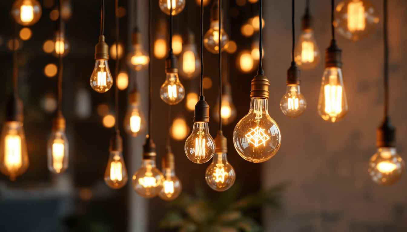 A photograph of a beautifully arranged display of various light bulb decorations in a stylish interior setting