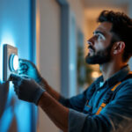 A photograph of a lighting contractor installing a power switch timer in a residential setting