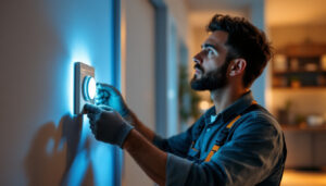 A photograph of a lighting contractor installing a power switch timer in a residential setting