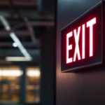 A photograph of a brightly lit illuminated exit sign in a commercial building setting