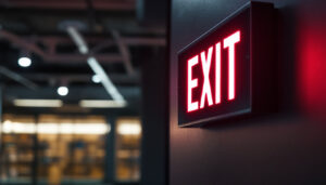 A photograph of a brightly lit illuminated exit sign in a commercial building setting