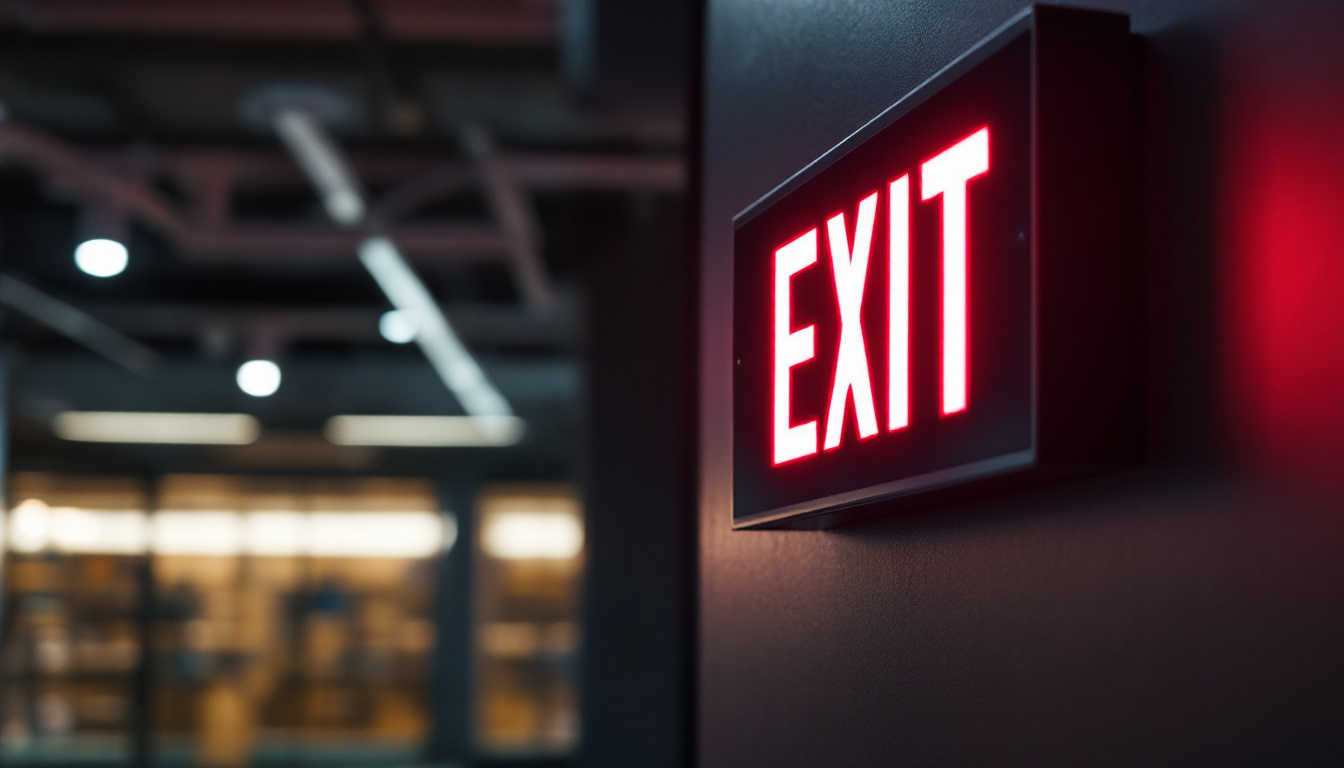 A photograph of a brightly lit illuminated exit sign in a commercial building setting