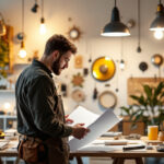 A photograph of a well-lit workspace showcasing various lighting fixtures and tools