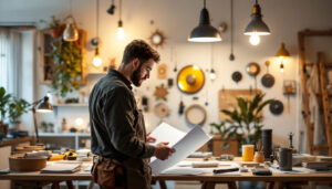 A photograph of a well-lit workspace showcasing various lighting fixtures and tools