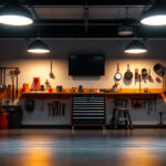 A photograph of a well-lit garage showcasing stylish recessed lighting fixtures
