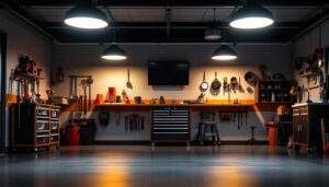 A photograph of a well-lit garage showcasing stylish recessed lighting fixtures