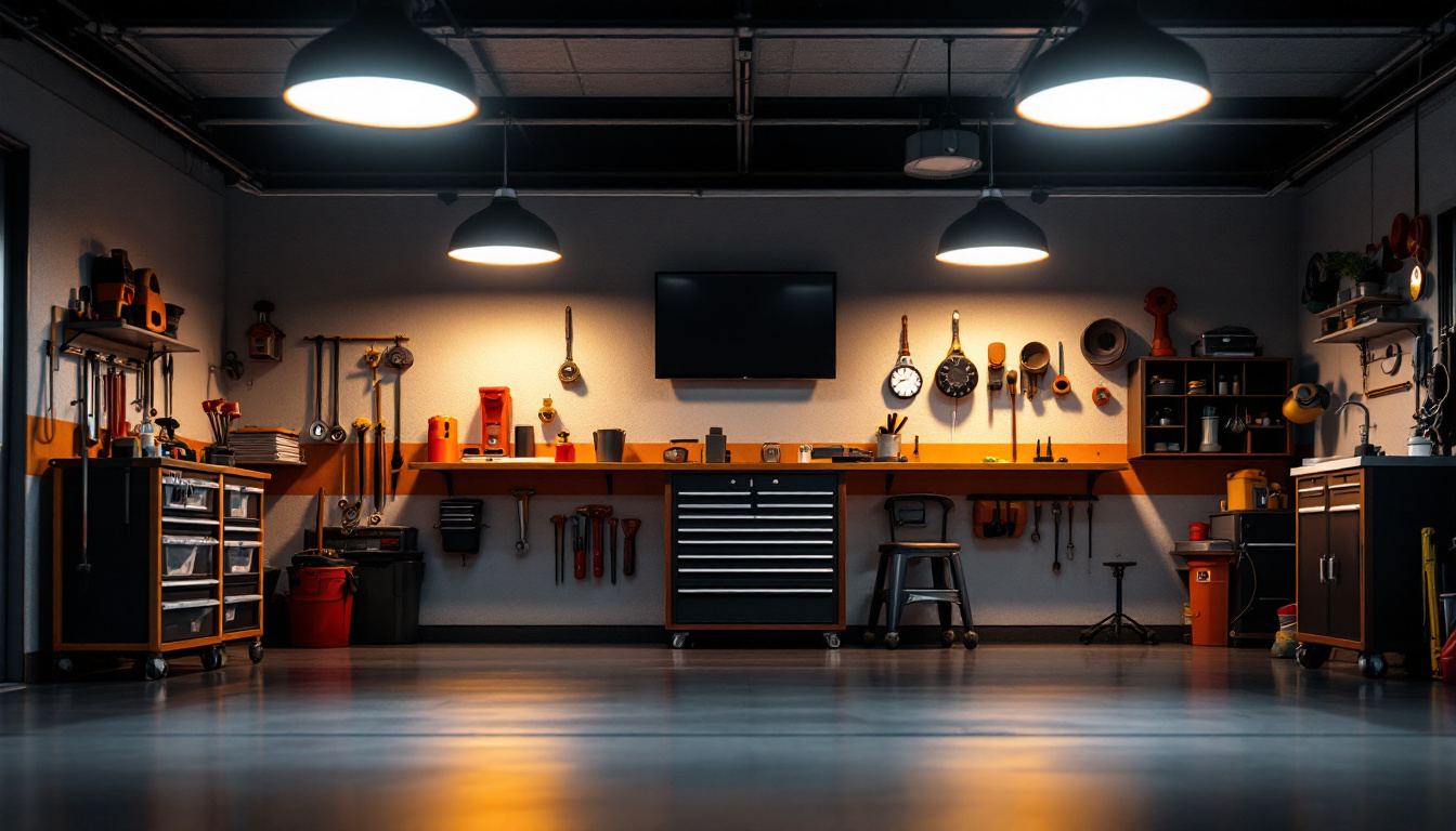 A photograph of a well-lit garage showcasing stylish recessed lighting fixtures