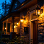 A photograph of a beautifully illuminated porch featuring a stylish light fixture