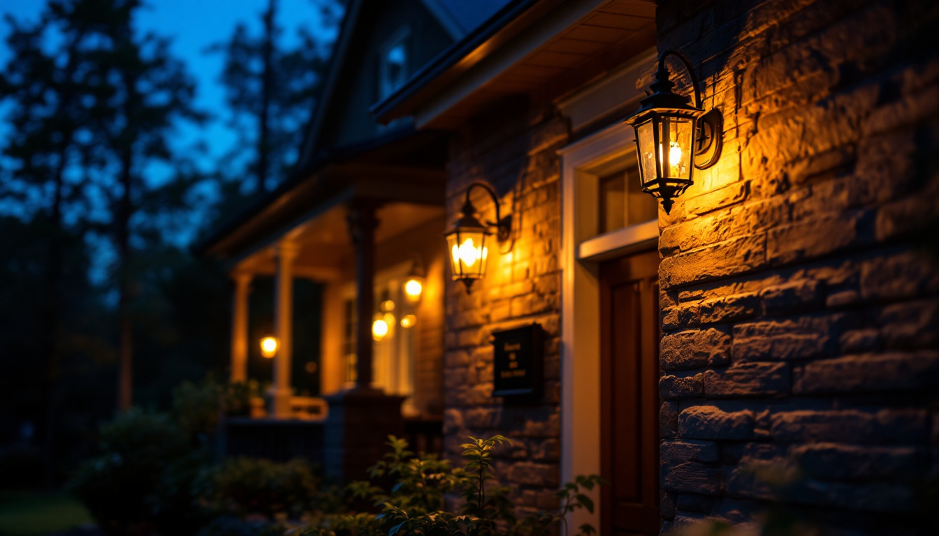 A photograph of a beautifully illuminated porch featuring a stylish light fixture