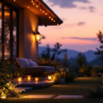 A photograph of a beautifully illuminated outdoor space featuring stylish house lamps that enhance the ambiance