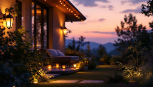 A photograph of a beautifully illuminated outdoor space featuring stylish house lamps that enhance the ambiance