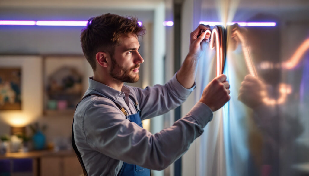 A photograph of a lighting contractor expertly installing vibrant led tape strips in a modern interior setting