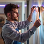 A photograph of a lighting contractor expertly installing vibrant led tape strips in a modern interior setting