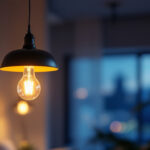 A photograph of a stylish hanging led lamp illuminating a well-designed interior space