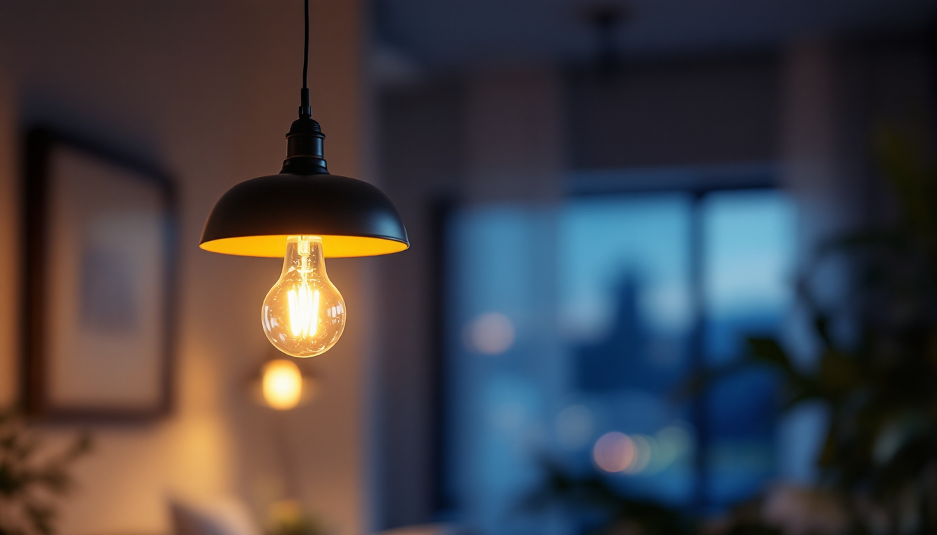 A photograph of a stylish hanging led lamp illuminating a well-designed interior space
