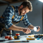 A photograph of a lighting contractor on a job site
