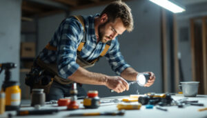 A photograph of a lighting contractor on a job site