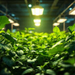 A photograph of a well-lit greenhouse showcasing various plants under the glow of energy-efficient lamps