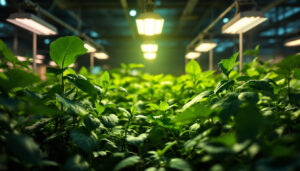 A photograph of a well-lit greenhouse showcasing various plants under the glow of energy-efficient lamps