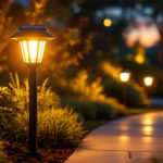 A photograph of a beautifully illuminated solar yard light in a landscaped garden setting during twilight