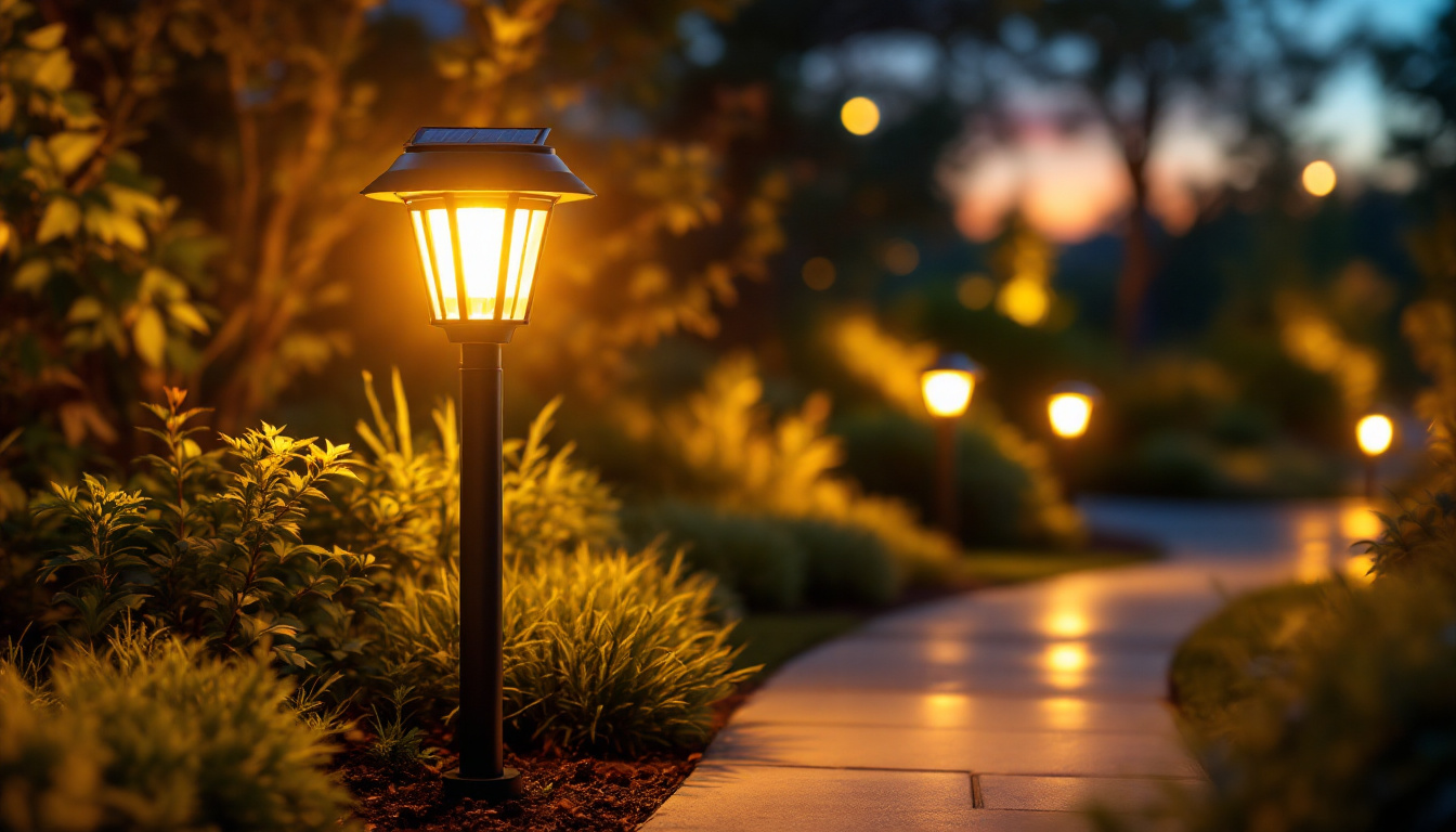 A photograph of a beautifully illuminated solar yard light in a landscaped garden setting during twilight