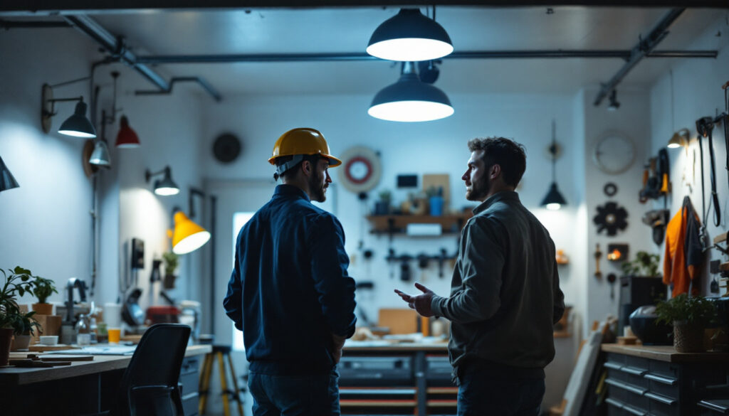 A photograph of a well-lit garage showcasing various lighting fixtures and a contractor discussing options with a homeowner