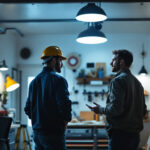 A photograph of a well-lit garage showcasing various lighting fixtures and a contractor discussing options with a homeowner